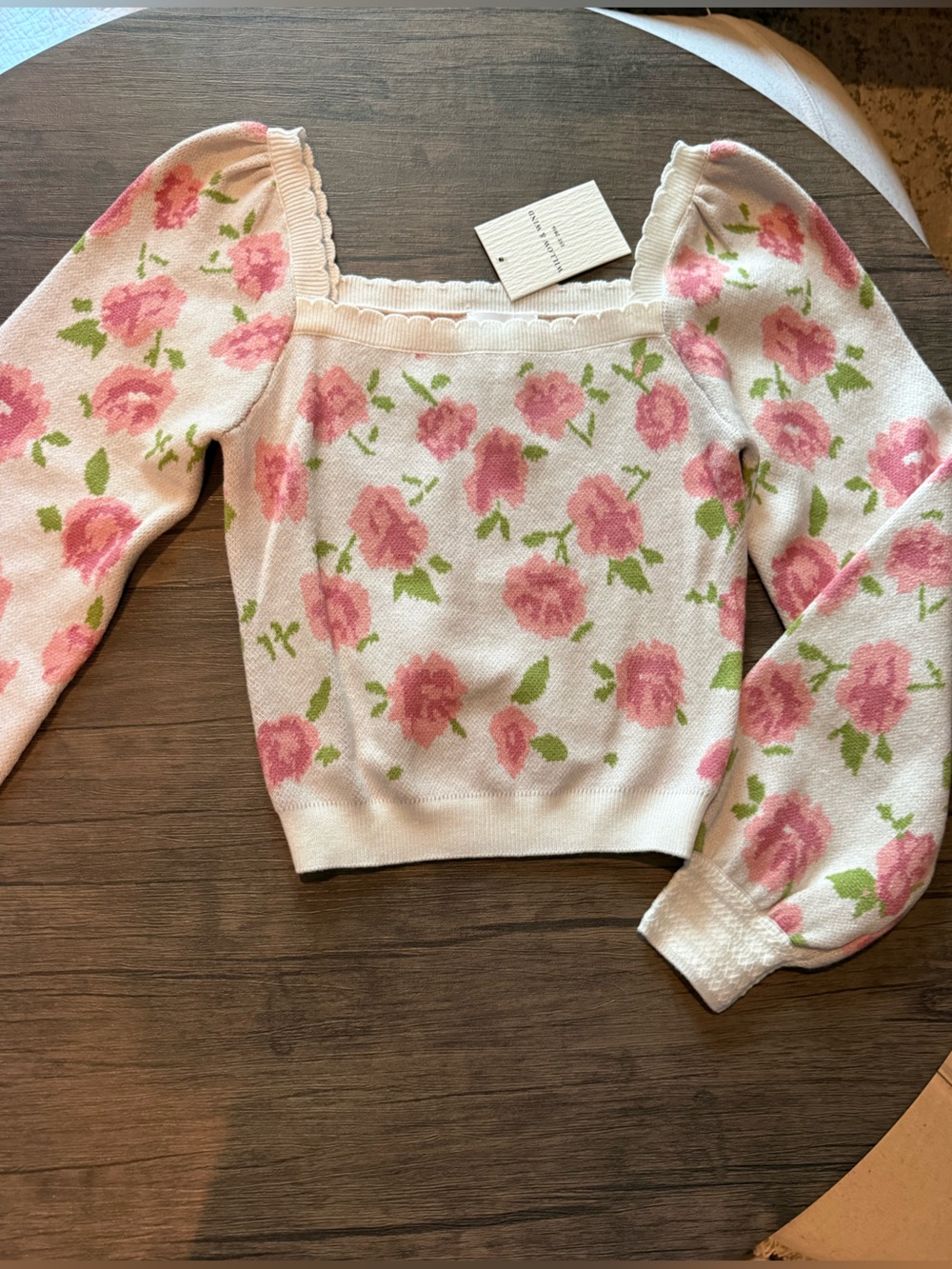 White & Pink Floral Scoop-Neck Sweater Top